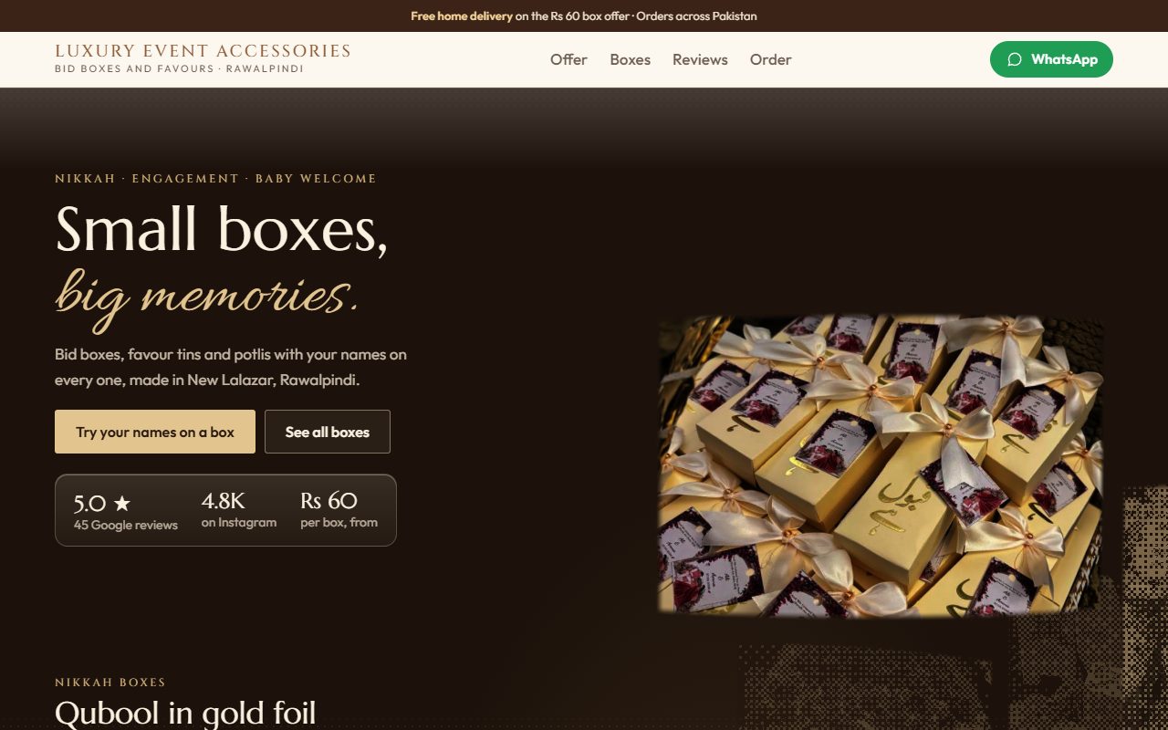 Sample site for Luxury Event Accessories, with the headline Small boxes, big memories over a photograph of their ivory bid boxes