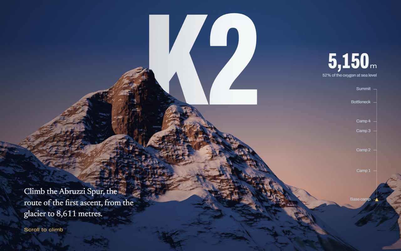 Opening screen of the K2 climb, with the mountain at sunset in front of a large K2 title