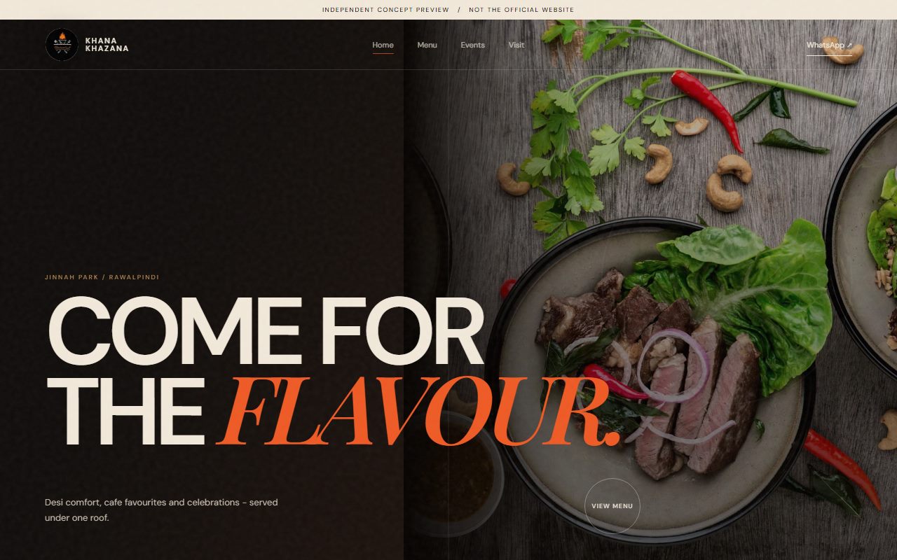 Concept home page for Khana Khazana restaurant with the headline Come for the flavour