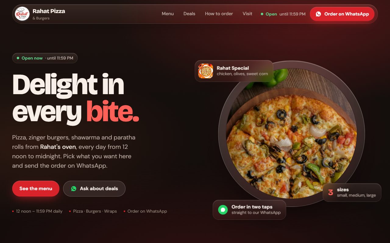 Sample site for Rahat Pizza & Burgers, with the headline Delight in every bite beside a pizza